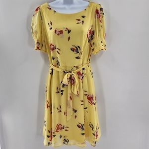 DKNY Yellow w/Floral Print Short Sleeve Mini Dress Womens Size 8